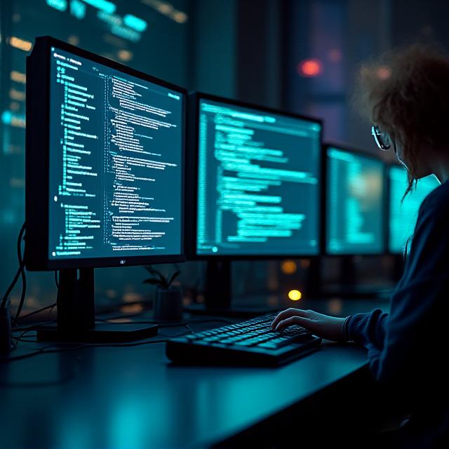 Developer workstation with multiple screens displaying code in a dimly lit, futuristic office setting, symbolizing deep focus and advanced development.