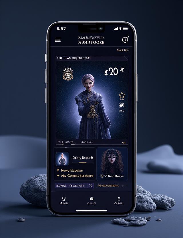 Vertical mobile view of 'Lunar Boutique' e-commerce app, showcasing elegant fashion items with a cosmic theme and smooth user interface for shopping.