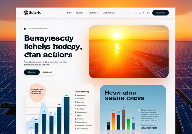 Sleek, modern homepage mockup for 'Solaris Energy' featuring data visualizations and solar panel arrays against a vibrant sunrise, symbolizing clean energy innovation.